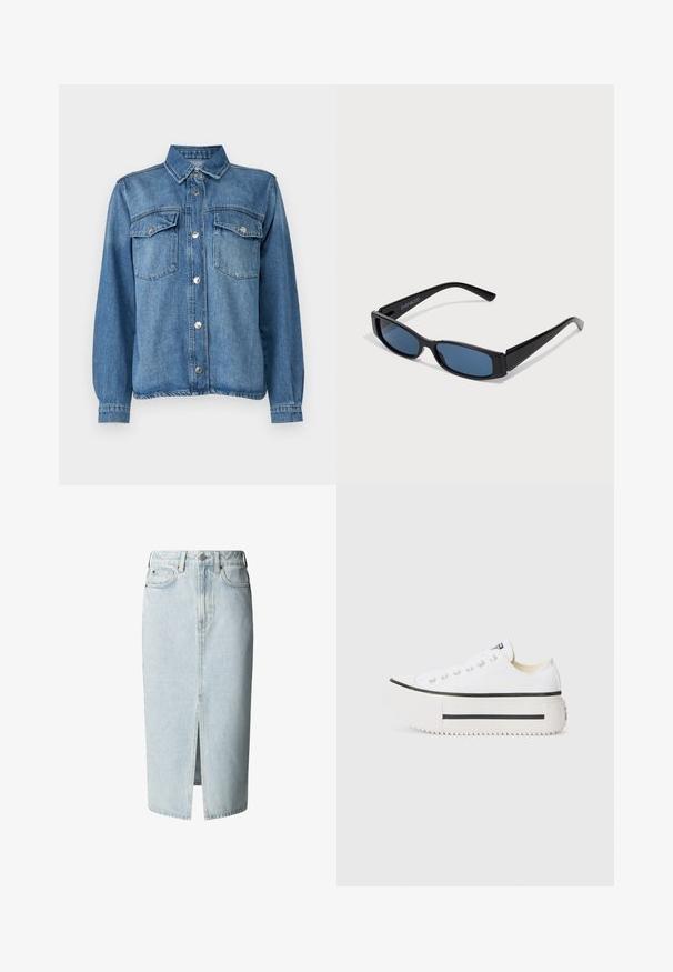 Jeansjacke in Hellblau mit Druckknopfverschluss, zwei Brusttaschen, spitzem Kragen und langen Ärmeln mit knöpfbaren Manschetten.; Hellblauer Denim-Midirock mit vorderem Schlitz, Gürtelschlaufen, Knopf- und Reißverschluss sowie Front- und Gesäßtaschen.; Weiße Canvas-Plattform-Sneaker mit schwarzer Gummisohle, runder Zehenkappe und Metallösen, die ein einfaches, klares Design aufweisen.; Schwarze Sonnenbrille mit einem eleganten rechteckigen Rahmen und blauen Gläsern. Besitzt eine glatte Oberfläche und robuste Scharniere. Markenlogo an der Seite.