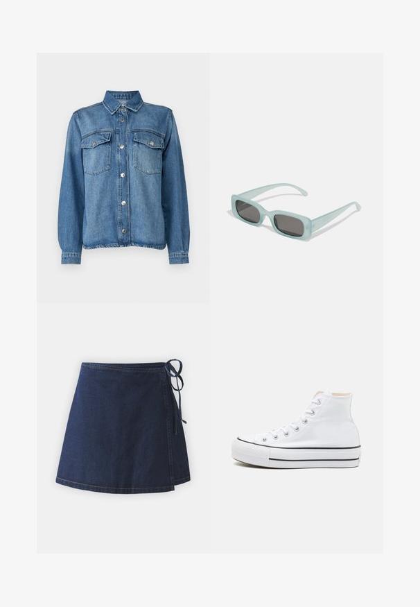 Jeansjacke in Hellblau mit Druckknopfverschluss, zwei Brusttaschen, spitzem Kragen und langen Ärmeln mit knöpfbaren Manschetten.; Dunkelblaue Denim-Wickelrock mit seitlichem Bindeband, gesäumten Kanten und glatter Textur. Allgemeines A-Linien-Design mit minimalen Details.; Weiße High-Top-Sneaker aus einem Material aus Segeltuch, mit schwarzer Gummisohle und kontrastierendem schwarzen Streifen auf der Zwischensohle. Runde Zehenkappe und Schnürdesign.; Ein Paar rechteckige Sonnenbrillen mit lichtblauen, halbtransparenten Rahmen und dunkelgrauen Gläsern, ausgestattet mit geraden Bügeln und minimalen Hardware-Details.