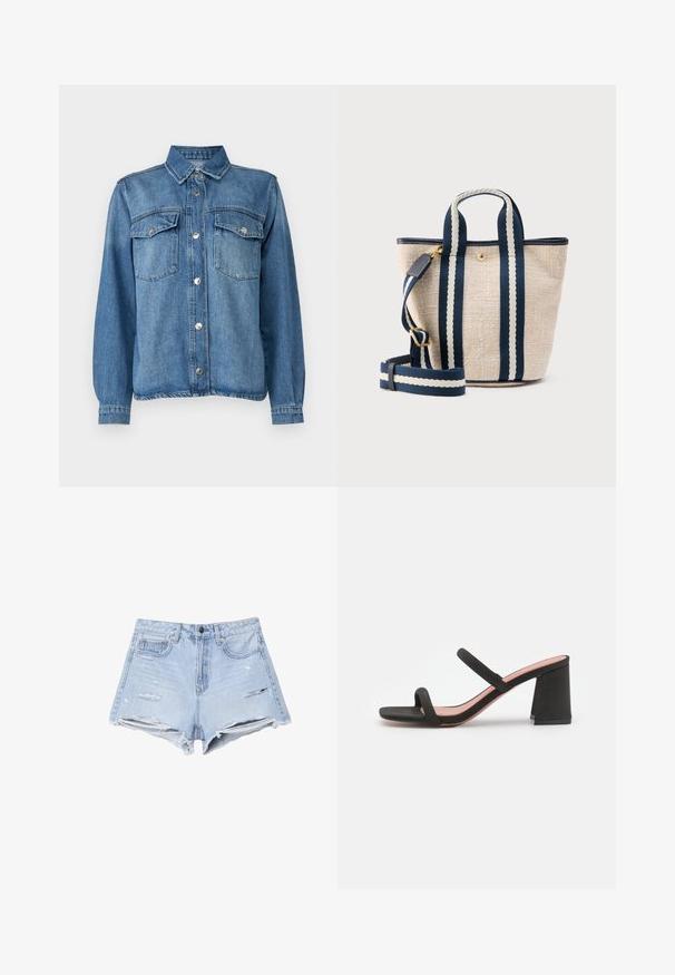 Jeansjacke in Hellblau mit Druckknopfverschluss, zwei Brusttaschen, spitzem Kragen und langen Ärmeln mit knöpfbaren Manschetten.; Hellblaue Jeansshorts mit hoher Taille, ausgewaschenen Details, fransigem Saum und Fünf-Taschen-Design.; Call it Spring KAIAA - Pantolette hoch - black; Beige strukturierte Tragetasche mit navyblauen und weißen vertikal gestreiften Griffen sowie verstellbarem Schultergurt mit goldfarbenen Beschlägen.