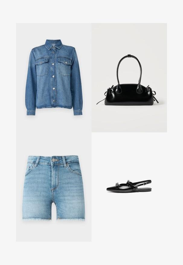 Lysblå denimjakke med frontlukning med knapper, to brystlommer, spidse kraver og lange ærmer med knapmanchetter.; Lette blå denimshorts med rå kant, fem lommer og lukning med knap foran. Har let falmede områder og en klassisk snit.; Sort læderslingback flad sko med spids tå, prydet med volangdetaljer på bæltet og justerbar ankelrem. Glat overfladetextur.; Lille sort blank håndtaske med to lange håndtag og snøre-detaljer i siden på en ensfarvet lys baggrund.