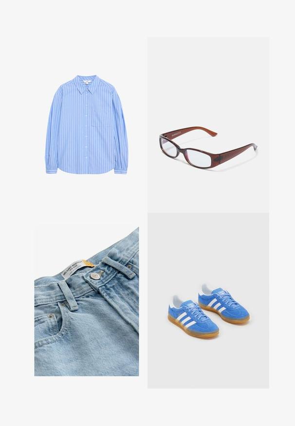 Camisa de botón de mangas largas azul claro con rayas verticales blancas, diseño de cuello, un bolsillo en el lado izquierdo del pecho y mangas abullonadas en los puños.; Next Vaqueros bootcut - bleach; Zapatillas deportivas azules de ante con acentos de rayas blancas, suela de goma y cuello acolchado para mayor comodidad. Presenta un diseño clásico de cordones.; Gafas rectangulares con tintado marrón y acabado brillante, con varillas delgadas y lentes transparentes. Logo visible en la patilla izquierda.