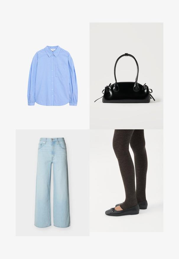 Lys blå langærmet skjorte med knapper, hvide lodrette striber, kravedesign, en lomme på venstre bryst og sammenfaldne ærmer ved manchetterne.; Lyseblå vidbenede jeans med forreste knap- og lynlås-lukning, bæltestropper og klassisk design med fem lommer.; Ben iført mørke ribbede leggings kombineret med sorte balletsko med små sløjfedetaljer på hvid baggrund.; Lille sort blank håndtaske med to lange håndtag og snøre-detaljer i siden på en ensfarvet lys baggrund.