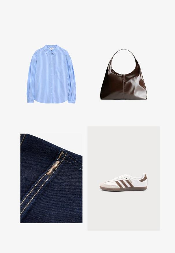Lichtblauw overhemd met lange mouwen, knoopsluiting en witte verticale strepen, met een kraagontwerp, een zak op de linkerkant van de borst en gathering bij de mouwen.; Next REGULAR FIT - WIDE LEG - Flared Jeans - rinse blue; Witte Adidas Samba sneaker met bruine suède strepen, bruine rubberen zool en beige suède neuskap, getoond vanaf de buitenkant op een effen achtergrond.; Bruine leren hobo tas met een afgeronde bovenkant, een gladde textuur en subtiele stikdetails. De schouderband is breed en gebogen voor comfort.
