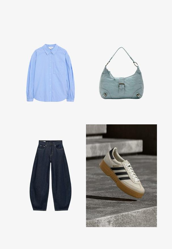 Lichtblauw overhemd met lange mouwen, knoopsluiting en witte verticale strepen, met een kraagontwerp, een zak op de linkerkant van de borst en gathering bij de mouwen.; Donkerblauwe denim jeans met wijde pijpen, voorzakken, riemlussen en een knoopsluiting in de taille.; Beige suède sneaker met zwarte strepen, witte veters en een zool van gumrubber. Heeft "SPEZIAL" branding aan de zijkant.; Lichtblauwe spijkertas met een schouderriem, centrale gespdetail en twee decoratieve gespen bij de onderste hoeken.