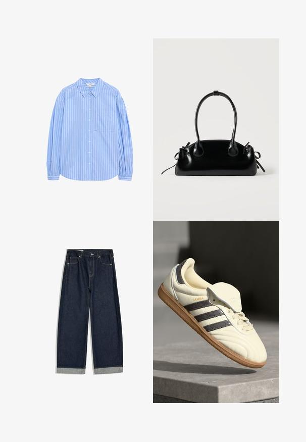 Lys blå langærmet skjorte med knapper, hvide lodrette striber, kravedesign, en lomme på venstre bryst og sammenfaldne ærmer ved manchetterne.; Mørkeblå jeans med vide ben og opsmøg, fem lommer og knaplukning i taljen, lagt fladt på hvid baggrund.; Cremefarvede lædersneakers med tre mørke striber, en brun gummisål og en afrundet tå. Har en foldbar tunge mærket "SAMBA."; Lille sort blank håndtaske med to lange håndtag og snøre-detaljer i siden på en ensfarvet lys baggrund.