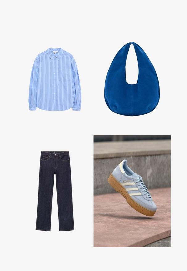 Lys blå langærmet skjorte med knapper, hvide lodrette striber, kravedesign, en lomme på venstre bryst og sammenfaldne ærmer ved manchetterne.; Mørkeblå denimjeans med straight-leg design, som har fem lommer og kontrasterende syninger. Kanten har sideslids for ekstra detalje.; Lyseblå ruskindssneaker med hvide striber og guldlogo, med en sål af gummigummi og en polstret krave for komfort.; Blød blå stof hobo skuldertaske med en rundet, halvmåneformet form og en bred åbning til håndtaget i toppen midt på.