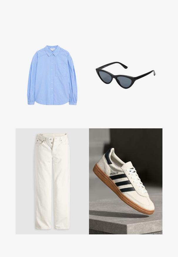 Camisa de botón de mangas largas azul claro con rayas verticales blancas, diseño de cuello, un bolsillo en el lado izquierdo del pecho y mangas abullonadas en los puños.; Vaqueros blancos de talle alto con pierna recta, cremallera de botones, bolsillos delanteros y traseros, y remaches de cobre visibles en las esquinas de los bolsillos.; Zapatilla de ante blanca con franjas en azul marino, suela de goma, parte superior texturizada, puntera redonda y cordones; presenta una marca en el lateral y en la lengüeta.; Gafas de sol negras en forma de ojo de gato con lentes gris oscuro, marco de plástico elegante, esquinas puntiagudas y patillas rectas. Sin herrajes ni acentos visibles.