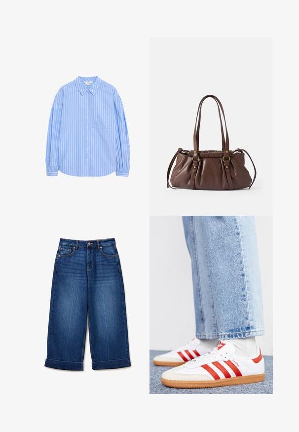 Lichtblauw overhemd met lange mouwen, knoopsluiting en witte verticale strepen, met een kraagontwerp, een zak op de linkerkant van de borst en gathering bij de mouwen.; Blauwe denim wijde-leg cropped jeans met opgerolde zomen, knopen en ritssluiting aan de voorkant en vijf zakken.; Witte leren sneakers met rode strepen en accenten. Voorzien van een getextureerde gumrubberen outsole en een gevoerde kraag. Draag ze met lichtblauwe denim.; Bruine leren handtas met twee lange handvatten,Gathered ontwerp, gouden hardware accenten en een gestructureerde afwerking.