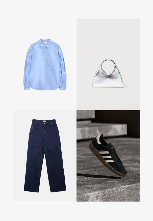 Camisa de botón de mangas largas azul claro con rayas verticales blancas, diseño de cuello, un bolsillo en el lado izquierdo del pecho y mangas abullonadas en los puños.; Pantalones de mezclilla azul oscuro con un diseño de pierna recta, que cuentan con un cierre frontal de botón, pasadores para cinturón y dos bolsillos frontales.; Zapatilla negra de Adidas con rayas blancas y suela de goma flotando sobre escalones de concreto gris a la luz natural.; Bolso triangular metálico plateado con asa redonda de metal, colocado sobre un fondo blanco liso.
