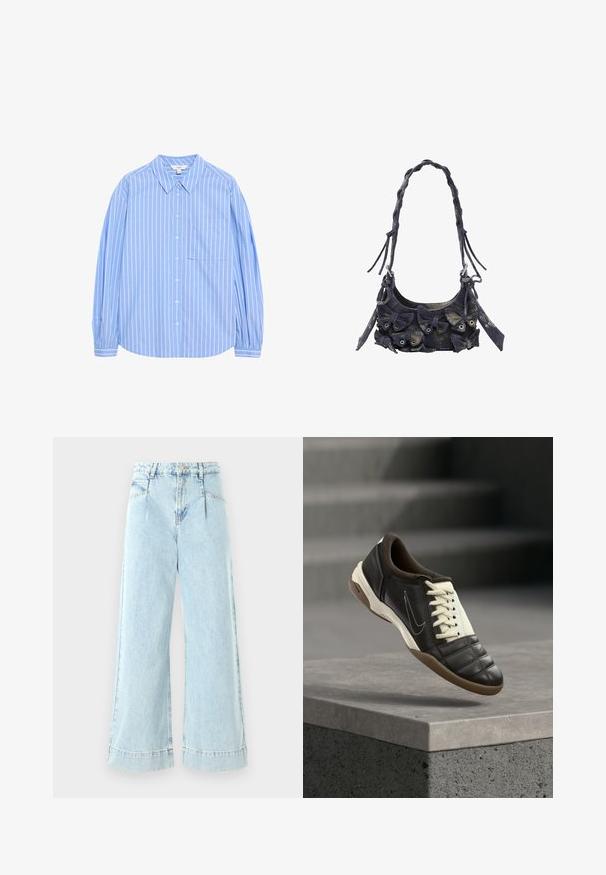 Lys blå langærmet skjorte med knapper, hvide lodrette striber, kravedesign, en lomme på venstre bryst og sammenfaldne ærmer ved manchetterne.; Lyseblå vidbenede jeans lavet af denim, med høj talje, forlommer og syede detaljer ved kanten.; Mørkebrun lædersneaker med cremehvide snørebånd, en polstret krave og en tekstureret tå. Har en gummisål og en sidelæns swoosh-logo.; Fløjlshåndtaske i mørkeblå med en tekstureret overflade, der har flere stofsløjfer, flettet strop og metalhardware-accenter.