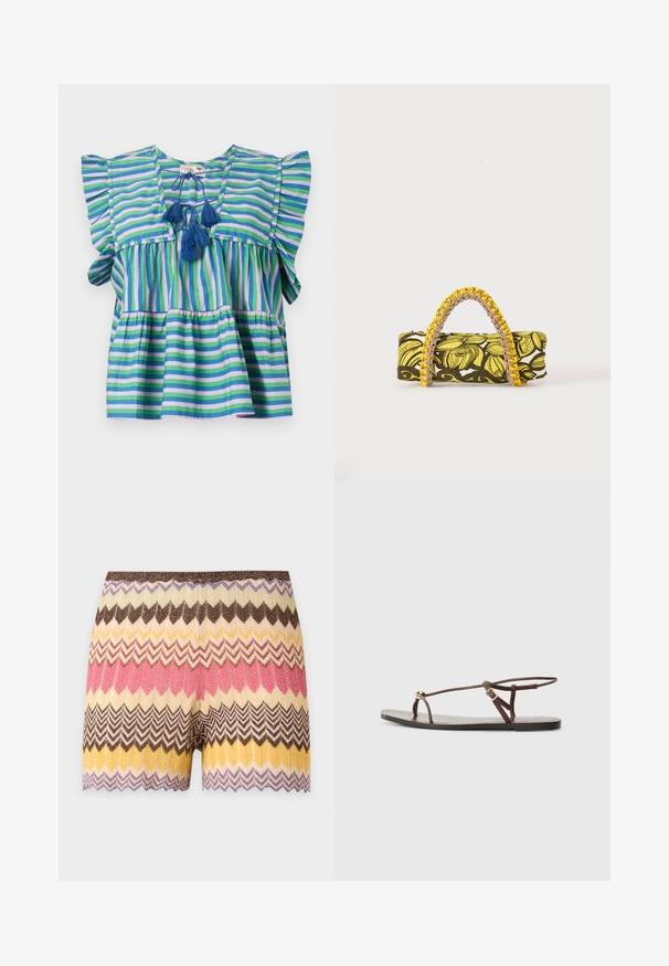 Blusa de algodón a rayas con mangas cortas con volantes, que presenta rayas en azul, verde y púrpura, y tres borlas azules en el cuello.; Pantalones cortos de punto con patrón de zigzag en tonos marrones, crema, amarillo, rosa y púrpura, con un dobladillo ondulado.; Sandalia de cuero marrón con tiras finas, un acento circular dorado y suela plana. Diseño minimalista con un detalle de hebilla ajustable.; Bolsa rectangular con patrón floral en amarillo y negro y asa trenzada amarilla y rosa sobre fondo blanco.
