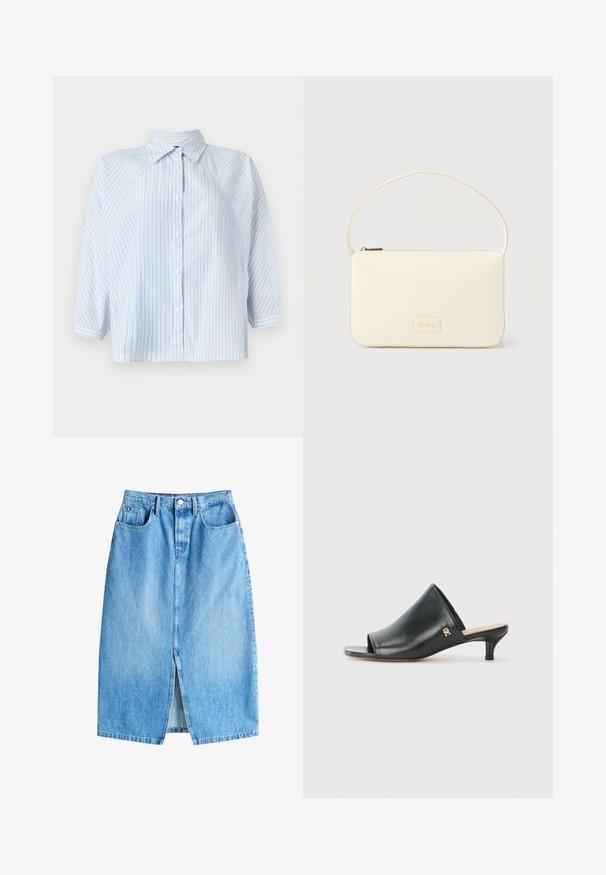 Lysblå stribet skjorte med knapper, der har krave, 3/4-ærmer og en cropped bund. Lavet af glat stof med en normal pasform.; Lyseblå denimnederdel med en frontal slits, fem lommer og knaplukning. Har et klassisk lige snit og frynset kant.; Sorte læder open-toe mules med en lav hæl. Har en glat overflade og et guld logo-prim på siden.; Kremfarvet rektangulær håndtaske med en enkelt rem og lynlås øverst, med en lille præget logo-plakette foran.