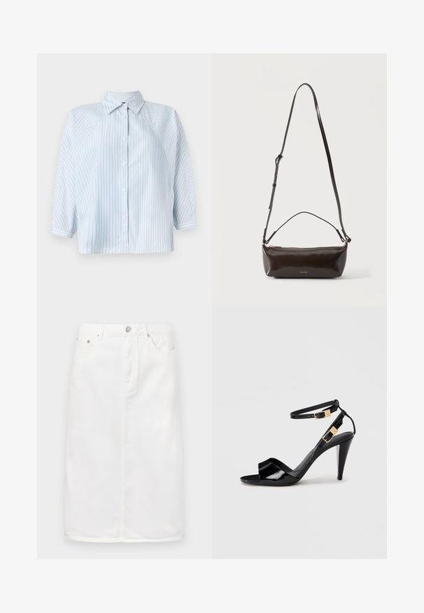 Lysblå stribet skjorte med knapper, der har krave, 3/4-ærmer og en cropped bund. Lavet af glat stof med en normal pasform.; Hvid denimnederdel med lynlås foran, fem lomme-design og lige silhuet med stikninger.; Sorte patentlæder højhælede sandaler med dobbelte ankelremme og guldspænder, åben tå og slank taperet hæl på neutral baggrund.; Lille blank mørkebrun læder skuldertaske med justerbar rem, top håndtag og gyldent lynlås lukning.