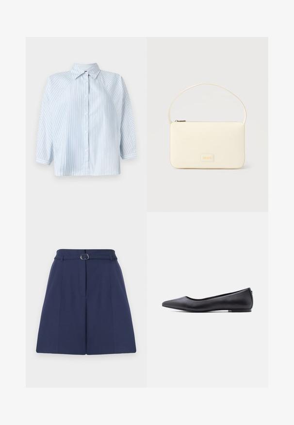 Camisa de botones a rayas azul claro, con cuello, mangas 3/4 y un dobladillo corto. Fabricada en tela suave con un ajuste regular.; Shorts ajustados de color azul marino con cinturón, que cuentan con un lazo para el cinturón, detalles de pliegues y una textura de tela suave. Corte recto estándar.; Zapato plano de cuero negro con punta puntiaguda y tacón bajo, mostrado de perfil contra un fondo blanco.; Bolso rectangular color crema con una sola correa y cremallera superior, con una pequeña placa de logotipo en relieve en el frente.
