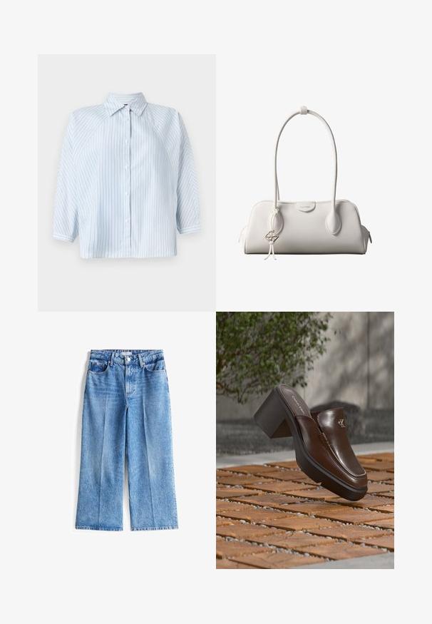 Camisa de botones a rayas azul claro, con cuello, mangas 3/4 y un dobladillo corto. Fabricada en tela suave con un ajuste regular.; Jeans de mezclilla azul claro de pierna ancha con cintura alta, que cuentan con un cierre de botón frontal, cinco bolsillos y detalles en el dobladillo deshilachado.; Mule con tacón de cuero marrón Calvin Klein flotando sobre un suelo de baldosas de madera con un fondo borroso de planta verde y pared.; Bolso de hombro blanco de Calvin Klein con asas largas, forma rectangular, cierre de cremallera y charm decorativo con el logo colgando cerca del asa.