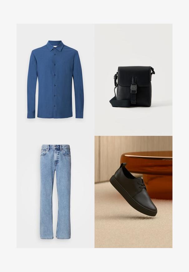 Chemise bleue à manches longues avec col, six boutons visibles et logo brodé discret sur la poitrine, présentée sur un fond uni.; Jean en denim bleu clair avec une coupe droite, cinq poches et une fermeture à bouton. Détails de couture près des poches et de la taille.; Baskets décontractées en cuir noir avec lacets, flottant au-dessus d'un tapis beige, avec une table en verre ambré arrondie en arrière-plan.; Petit sac bandoulière en cuir noir avec rabat et fermeture à boucle, sangle réglable, présenté sur un fond blanc uni.