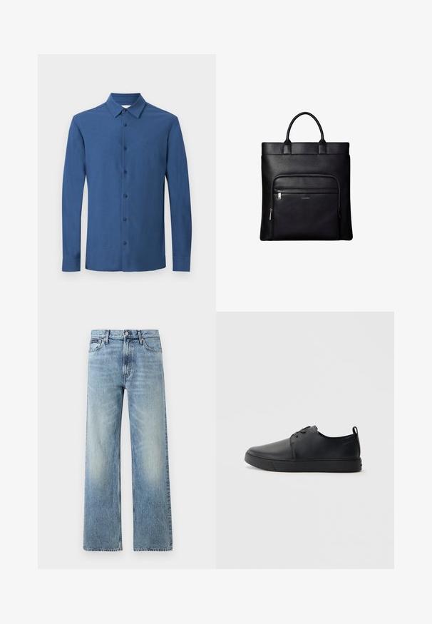Chemise bleue à manches longues avec col, six boutons visibles et logo brodé discret sur la poitrine, présentée sur un fond uni.; Jean droit en denim bleu clair avec taille haute, cinq poches, fermeture à boutons et léger délavage sur les cuisses et les genoux.; Baskets en cuir noir avec une finition lisse, bout arrondi, coutures ton sur ton, devant à lacets et semelle plate en caoutchouc. Anse au talon.; Sac cabas en cuir noir avec anses supérieures et poche avant zippée portant un petit logo Calvin Klein sur la poche.
