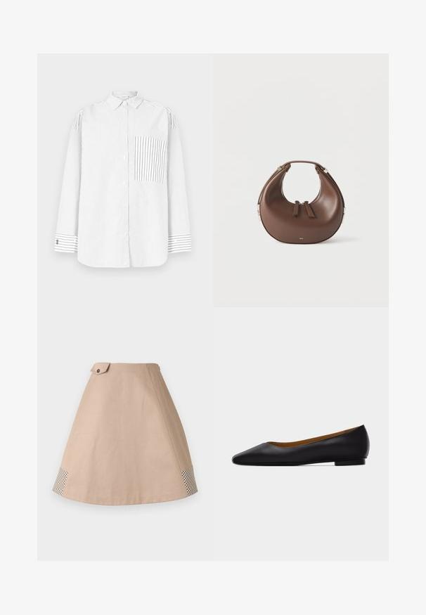 Chemise blanche à manches longues avec boutons, ornée de fines rayures noires verticales, poche avant asymétrique rayée, et poignets rayés.; Jupe beige trapèze en coton, avec un détail de bouton et un motif à carreaux à l'ourlet. Texture lisse, longueur au genou.; Chaussure plate en cuir noir à bout pointu avec talon bas et finition lisse, vue de côté sur un fond gris clair.; Sac à main en cuir marron en forme de croissant avec une poignée supérieure et deux curseurs de fermeture éclair, sur fond blanc.