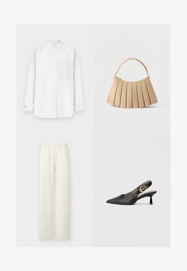 Chemise blanche à manches longues avec boutons, ornée de fines rayures noires verticales, poche avant asymétrique rayée, et poignets rayés.; Pantalon droit de couleur crème avec une ceinture élastique, sans poches visibles ni ornements.; Chaussure à talon haut noire à bride arrière, avec un bout pointu, une texture en cuir lisse et une accent de boucle dorée sur la bride.; Sac à main plissé beige avec fermeture éclair incurvée en haut et poignée arquée simple, présenté sur un fond blanc.