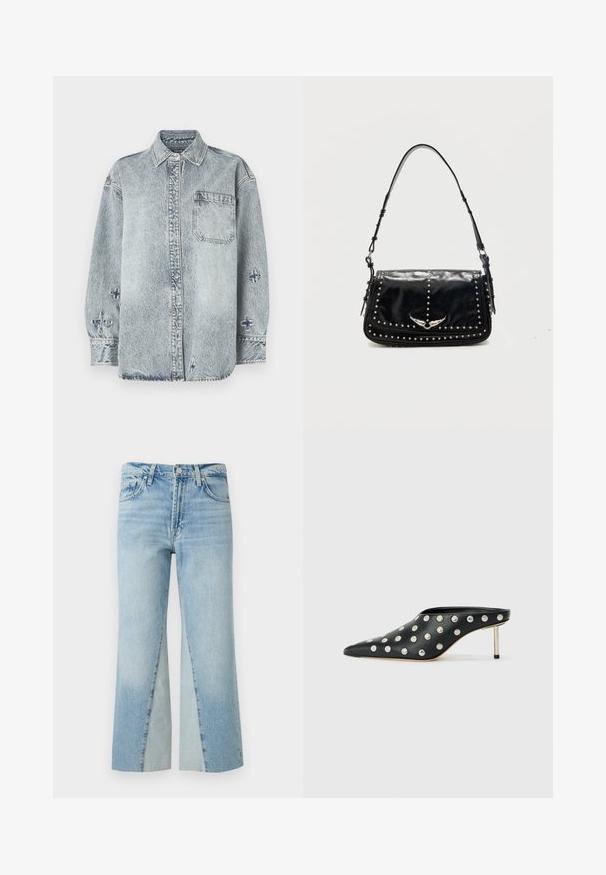 Lyseblå denimskjorte med lange ærmer, knaplukning foran, enkelt brystlomme og krydsbroderi detaljer på ærmerne.; Lyseblå denimjeans med høj talje, knap- og lynlås-lukning, forlommer og brede lige ben.; STAND STUDIO KELSEY - Mules med hæl - black; Sort læder skuldertaske med sølvlignende nitter og vingeformet metalemblem på frontklappen mod en ensfarvet baggrund.