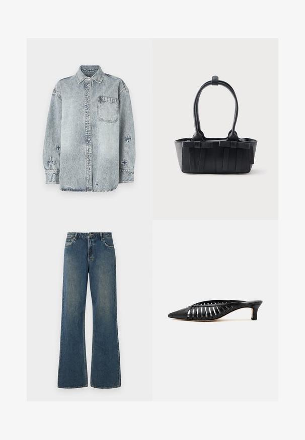 Lyseblå denimskjorte med lange ærmer, knaplukning foran, enkelt brystlomme og krydsbroderi detaljer på ærmerne.; Bredde ben denim jeans i mellemblå med en falmet finish. Har fem lommer, bæltestropper og en metalknaplukning. Så lavet af bomuldsstof.; Sort læder mule med spids snude, stropdetalje og lav kittenhælk på hvid baggrund.; Sort læderhåndtaske med to håndtag, dekorative remme og en rektangulær bund på en ensartet lys baggrund.