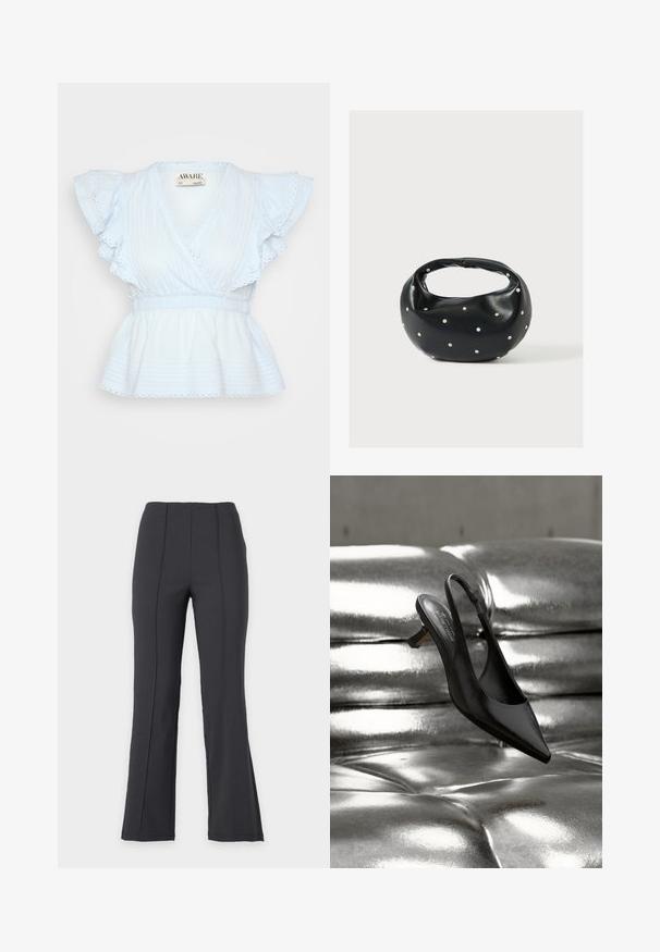 Blouse en coton bleu clair avec des manches volantées, décolleté en V et taille froncée. Tissu texturé avec des rayures horizontales et des accents en dentelle.; Pantalon noir taille haute à jambe droite avec coutures verticales sur le devant, présenté sur un fond uni clair, sans fermetures ni poches visibles.; Chaussure slingback noire à bout pointu avec une finition en cuir brillant, dotée d'un petit talon bloc et d'une fine sangle à la cheville, suspendue au-dessus d'une surface métallique.; Sac à main en cuir noir de forme arrondie, décoré de clous argentés et équipé d'une poignée courte. Texture lisse et fermeture éclair.