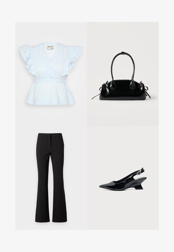 Blusa de algodón azul claro con mangas acampanadas, escote en V y cintura fruncida. Tela texturizada con rayas horizontales y detalles de encaje.; Pantalones negros acampanados de tela suave, con pliegue frontal, trabillas para cinturón y un ajuste entallado. Diseño limpio sin patrones visibles.; Zapato slingback de cuero charol negro con puntera puntiaguda y tacón bajo en bloque inclinado sobre fondo claro liso.; Pequeño bolso negro brillante con dos asas largas y detalles de cordón lateral sobre un fondo claro liso.