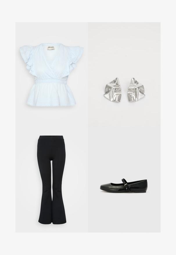 Blusa de algodón azul claro con mangas acampanadas, escote en V y cintura fruncida. Tela texturizada con rayas horizontales y detalles de encaje.; Leggings acampanados negros hechos de material elástico. Presentan una cinturilla alta y una textura suave. Terminan en un dobladillo acampanado.; Bailarinas de cuero negro con punta redondeada, suela plana y una delgada correa ajustable en el empeine que cuenta con una hebilla de metal.; Pendientes de metal plateado con un diseño ondulado y escultórico, que presentan un acabado pulido y formas irregulares, destacando una estética contemporánea.