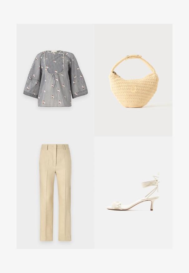 Gestreepte blouse in blauw en wit met bloemdecoraties, ronde hals, driekwart mouwen en een geplooide lijfje voor een ontspannen pasvorm.; Beige op maat gemaakte broeken met een rechte pijp, gemaakt van textiel met structuur, voorzien van plooilijnen en een ritssluiting aan de voorkant.; Roomkleurige sandalen met lage hak, enkelriempjes en een brede gedraaide band over de tenen, op een effen witte achtergrond.; Beige geweven handtas met afgerond lichaam, ritssluiting en een korte, dikke band in een eenvoudige, gestructureerde haakstijl.