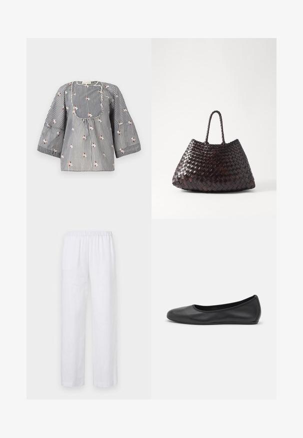 Gestreepte blouse in blauw en wit met bloemdecoraties, ronde hals, driekwart mouwen en een geplooide lijfje voor een ontspannen pasvorm.; ASPESI PANTALONE - Broek - white; Zwarte leren ballerina met een ronde neus, gladde textuur, minimale stikdetails en een flexibele zoolontwerp.; DRAGON DIFFUSION SANTA CROCE BIG - Handtas - dark brown
