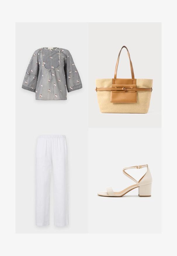 Gestreepte blouse in blauw en wit met bloemdecoraties, ronde hals, driekwart mouwen en een geplooide lijfje voor een ontspannen pasvorm.; ASPESI PANTALONE - Broek - white; Beige blokhak sandalen met een minimalistisch ontwerp, open neus en verstelbare enkelriem met een gouden gesp detail. Zachte textuur.; Grote beige geweven draagtas met twee bruine leren handvatten, een leren voorvak en een horizontale leren riem met een knoopdetail.