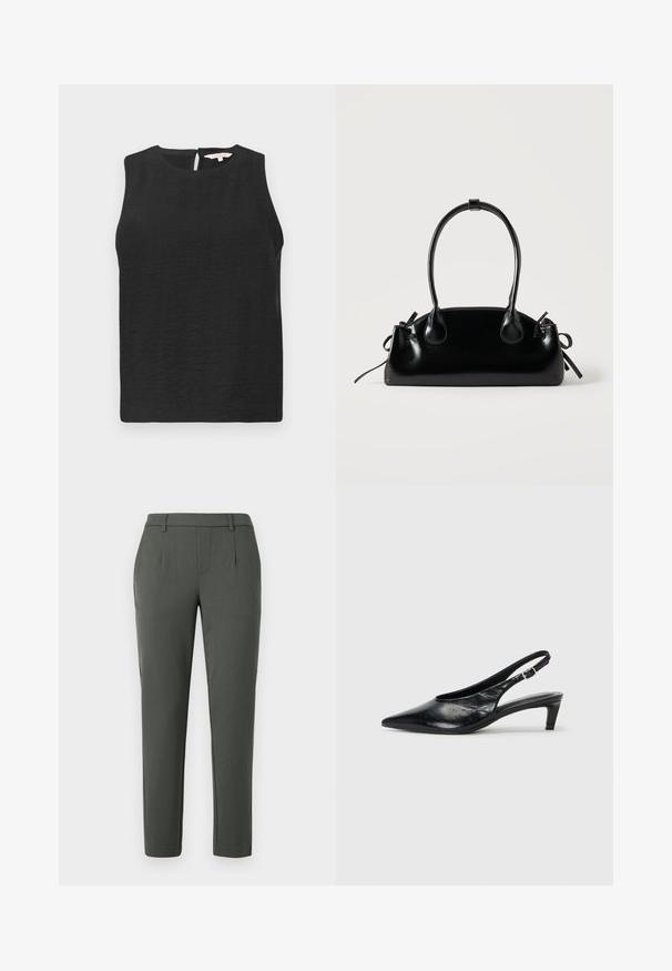 Top negro sin mangas hecho de tejido texturizado, con escote redondo y cierre en la parte posterior con forma de ojal. Diseño simple y minimalista.; Pantalones verdes oscuros con un corte ajustado, que cuentan con dos bolsillos laterales, una cremallera y detalles de pinzas para un diseño estructurado.; Tacón de piel negra tipo slingback con punta afilada, tacón bajo tipo kitten y correa ajustable con hebilla. Textura suave con un detalle mínimo.; Pequeño bolso negro brillante con dos asas largas y detalles de cordón lateral sobre un fondo claro liso.