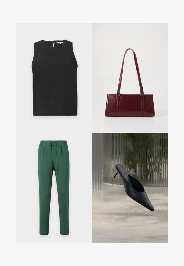 Zwart mouwloos topje gemaakt van textuurstof met een ronde halslijn en een sleutelhoel sluiting aan de achterkant. Eenvoudig en minimalistisch design.; Groene joggingsbroek van zacht materiaal, met een elastische tailleband met trekkoord, taps toelopende benen en zijsplitdetails.; Zwarte mule met puntige neus en dunne hoge hak, die boven een gladde betonnen vloer zweeft, met een wazige verticale gestreepte achtergrond.; Bourgondische handtas van glanzend materiaal, rechthoekige vorm, met twee schouderbanden en subtiele gebogen accenten aan de voorkant.