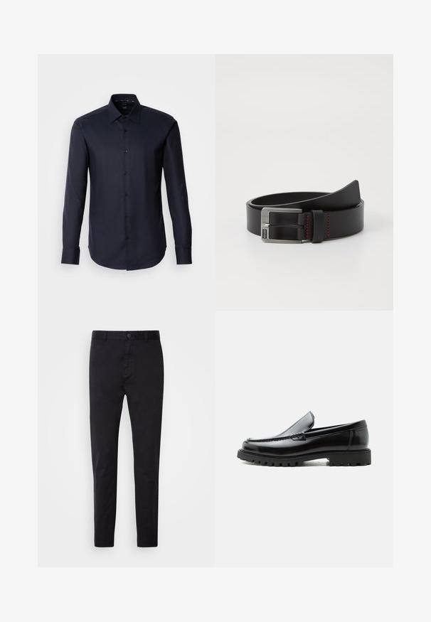 Dunkelblaues, langärmeliges Hemd mit Knopfleiste aus glattem Stoff. Verfügt über einen spitzen Kragen und Ein-Knopf-Manschetten. Minimalistisches Design ohne Muster.; Schwarze Chinos mit glatter Textur, Knopfverschluss und tailliertem Design. Ideal für legere oder semi-formelle Anlässe.; Schwarzer Lederloafer mit grober Gummisohle, genähter Oberseite und geprägtem Markennamen an der Ferse, seitlich auf weißem Hintergrund gezeigt.; Schwarzer Leder-Gürtel mit einer silbernen Metallschnalle und roten Nähten, der eine glatte, matte Textur und ein klassisches Design aufweist.