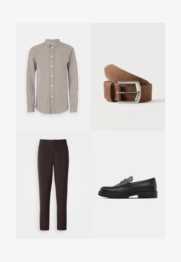 Chemise à manches longues à rayures marron et crème avec un col à boutons, dotée de boutons blancs et de poignets à motifs. Texture de tissu lisse.; Pantalon marron foncé ajusté en tissu lisse, avec devant plat, poches latérales et fermeture par bouton. Coupe droite, sans motif apparent.; Mocassins en cuir noir à bout arrondi, avec un design cousu, une semelle plateforme basse et une semelle en caoutchouc texturée et crantée.; Ceinture en daim marron roulée avec une boucle rectangulaire en métal argenté sur un fond clair uni.