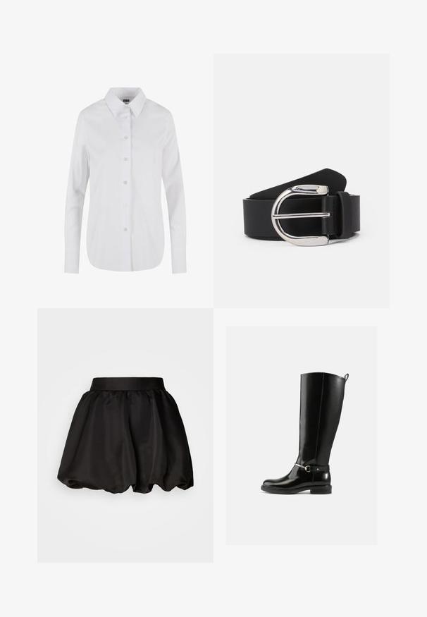 Chemise blanche à manches longues avec un col classique, texture lisse et six boutons à l'avant. Coupe ajustée avec un ourlet arrondi.; Jupe en satin noir avec une large ceinture, présentant une forme bulle volumineuse. Texture lisse sans motifs ni détails en métal visibles.; Bottes noires montantes en cuir verni, avec un détail de boucle argentée à la cheville et une conception à bout arrondi. Semelle plate.; Ceinture en cuir noir avec une boucle en métal argenté, présentant une texture lisse et un design classique. La sangle mesure 3,8 cm de large.