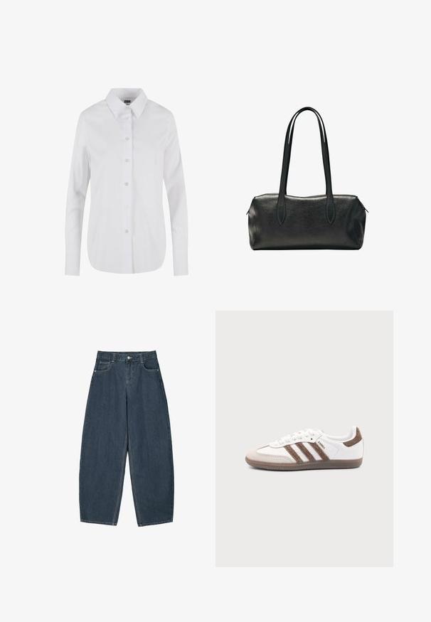 Chemise blanche à manches longues avec un col classique, texture lisse et six boutons à l'avant. Coupe ajustée avec un ourlet arrondi.; Jeans en denim bleu foncé à jambes larges avec une taille haute, dotés de cinq poches et de détails de couture visibles. Design épuré et minimal.; Baskets Adidas Samba blanches avec des bandes en daim marron, semelle en caoutchouc marron et bout en daim beige, vues du côté extérieur sur un fond uni.; Sac à main rectangulaire en cuir noir avec deux longues bandoulières et une fermeture zippée sur le dessus.
