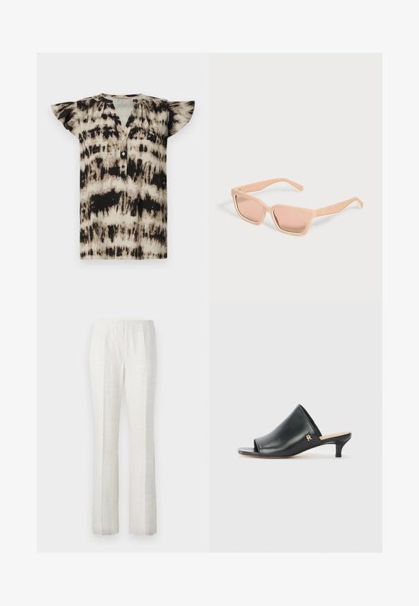 Kortærmet, knap-op bluse i beige og sort tie-dye mønster. Blødt stof med lette ærmer og en afslappet pasform. Rund halsudskæring.; Lysfarvede, lige ben-bukser med en glat tekstur, der har for-pleats og et enkelt talje-design.; Sorte læder open-toe mules med en lav hæl. Har en glat overflade og et guld logo-prim på siden.; Rektangulære lyse ferskenfarvede solbriller med tykke stel og matchende tonede linser på en ensfarvet lys baggrund.