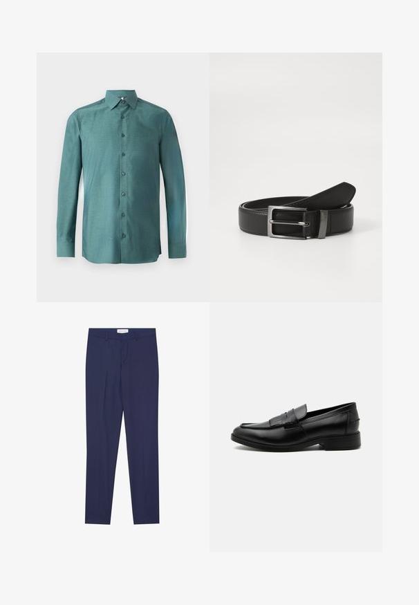 Chemise à manches longues en tissu teal avec un tissage texturé, fermeture à boutons sur le devant, col pointu et boutons assortis. Design légèrement ajusté.; Pantalons de costume navy en tissu lisse, dotés d'un devant plat, de deux poches latérales, d'une fermeture éclair et d'un ourlet net sans motifs ni accents.; Mocassin homme en cuir noir avec détail pompon, bout arrondi, talon bas et finition polie lisse, montré de profil sur fond blanc.; Ceinture en cuir noir avec une boucle en métal argenté, présentant une finition lisse et un design classique. La ceinture est soigneusement pliée.