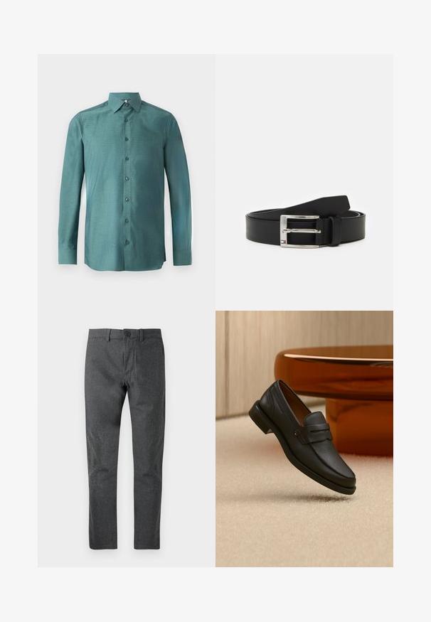 Chemise à manches longues en tissu teal avec un tissage texturé, fermeture à boutons sur le devant, col pointu et boutons assortis. Design légèrement ajusté.; Pantalons sur mesure gris foncé avec une texture subtile, coupe droite, fermeture à bouton et passants de ceinture. Fini lisse, adapté à une tenue formelle ou décontractée.; Mocassin homme en cuir noir avec une bande sur le dessus, présenté sur un tapis beige près d'une table ronde moderne marron.; Ceinture en cuir noir avec une boucle en argent brillante, présentant une forme rectangulaire et un petit logo près de la boucle. Texture lisse.