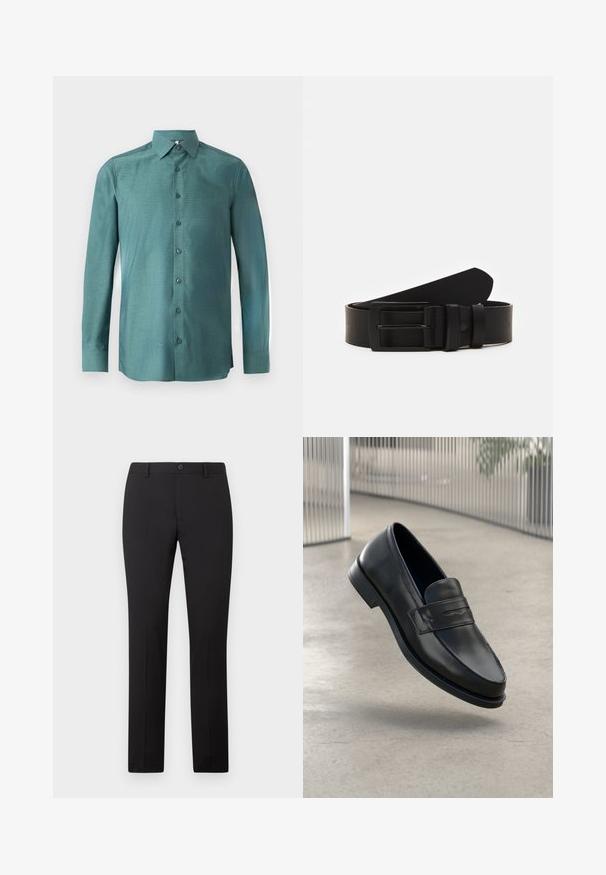 Chemise à manches longues en tissu teal avec un tissage texturé, fermeture à boutons sur le devant, col pointu et boutons assortis. Design légèrement ajusté.; Pantalon noir sur mesure avec une coupe droite, doté d'une fermeture à bouton et de passants pour ceinture. Confectionné dans un tissu lisse sans motifs apparents.; Mocassin en cuir noir à texture lisse, bout pointu et bande décorative sur le cou-de-pied. Semelle légère, design minimaliste.; Ceinture en cuir noir roulée avec une boucle en métal rectangulaire noir mat et deux passants sur fond blanc.