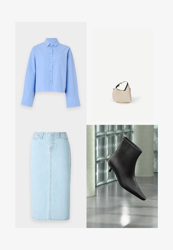 Chemise courte bleu clair en tissu, avec un devant à boutons, de grands poignets et une poche poitrine avec un branding discret.; Jupe crayon en denim bleu clair avec taille haute, design à cinq poches et détails de couture subtils le long des coutures.; Bottine en cuir noir avec bout pointu et petit talon, présentée devant un mur en blocs de verre et un sol poli.; Sac à main en cuir beige en forme de croissant avec une seule bandoulière et des coutures minimalistes, posé sur un fond blanc uni.