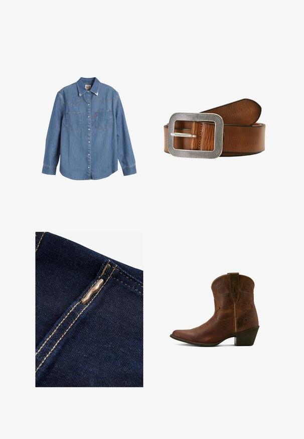 Camisa de mezclilla azul clara con mangas largas, cuello puntiagudo, dos bolsillos en el pecho y costuras en contraste. Presenta un diseño de canesú de estilo occidental.; Next REGULAR FIT - WIDE LEG - Vaqueros a campana - rinse blue; Ariat MAGGIE - Botines camperos - sassy brown; Cinturón de cuero marrón con una hebilla rectangular en tono plata que presenta un diseño texturizado. La correa tiene un acabado liso y bordes redondeados.