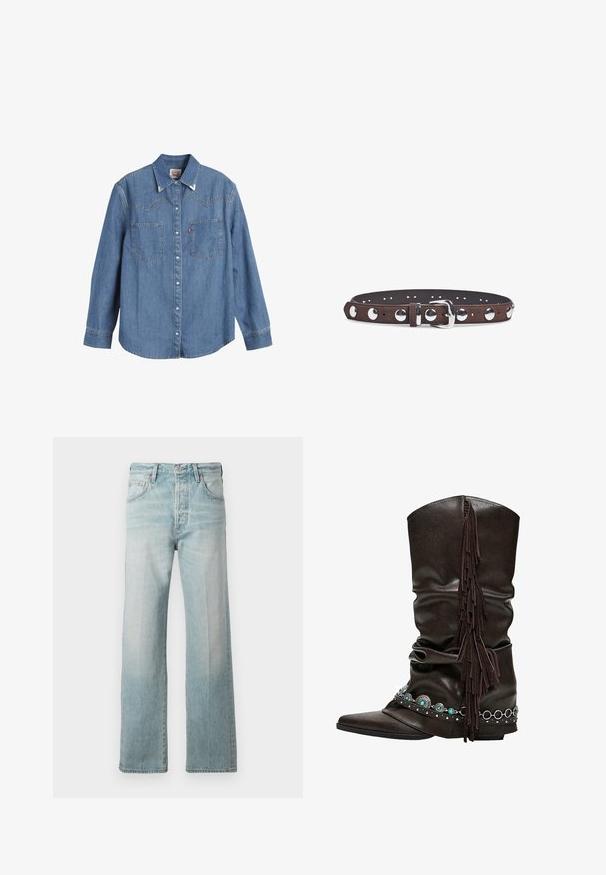 Lys blå denimskjorte med lange ærmer, spids krave, to brystlommer og kontraststing. Har et western-inspireret yoke-design.; Lysblå denim jeans med lige ben, høj talje, frontlommer og falmet struktur. Afsluttet med en subtil syet talje.; Mørkebrune læderstøvler til midtkalv med spids tå, frynser med kvaster på siden samt dekorative turkis- og sølvconchoer og kædedetaljer.; Brunt læderbælte med sølvfarvede runde nitter og en sølvfarvet spænde, vist mod en hvid baggrund.