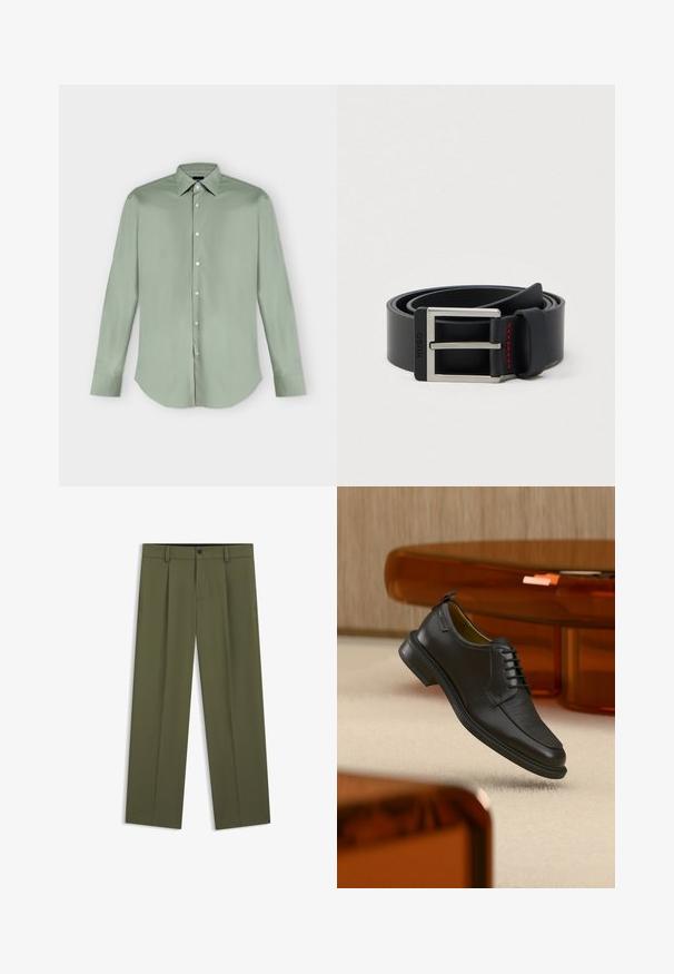 Chemise vert clair à manches longues, boutonnée, avec col pointu et ourlet arrondi, présentée à plat sur fond blanc.; Pantalon droit couleur vert olive avec passants pour ceinture, bouton devant et braguette zippée, présenté à plat sur fond blanc.; Chaussure habillée noire en cuir à lacets avec devant texturé, flottant au-dessus d'un tapis beige dans une pièce moderne avec des meubles teintés d'ambre.; Ceinture en cuir noir enroulée avec une boucle métallique rectangulaire argentée et un détail de couture rouge près de la boucle.