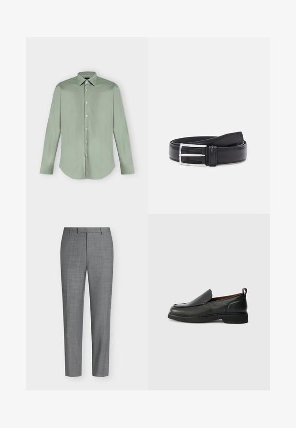 Chemise vert clair à manches longues, boutonnée, avec col pointu et ourlet arrondi, présentée à plat sur fond blanc.; Pantalon habillé gris slim fit avec un motif à carreaux subtil, passants de ceinture et une coupe plate à l'avant sur fond blanc uni.; Chaussure slip-on en cuir noire avec un bout rond, un dessus texturé, des coutures rouges contrastantes et un petit talon. Présente une languette en boucle.; Ceinture en cuir noir avec une texture lisse, dotée d'une boucle en métal argenté et d'un design classique. La ceinture est soigneusement enroulée.