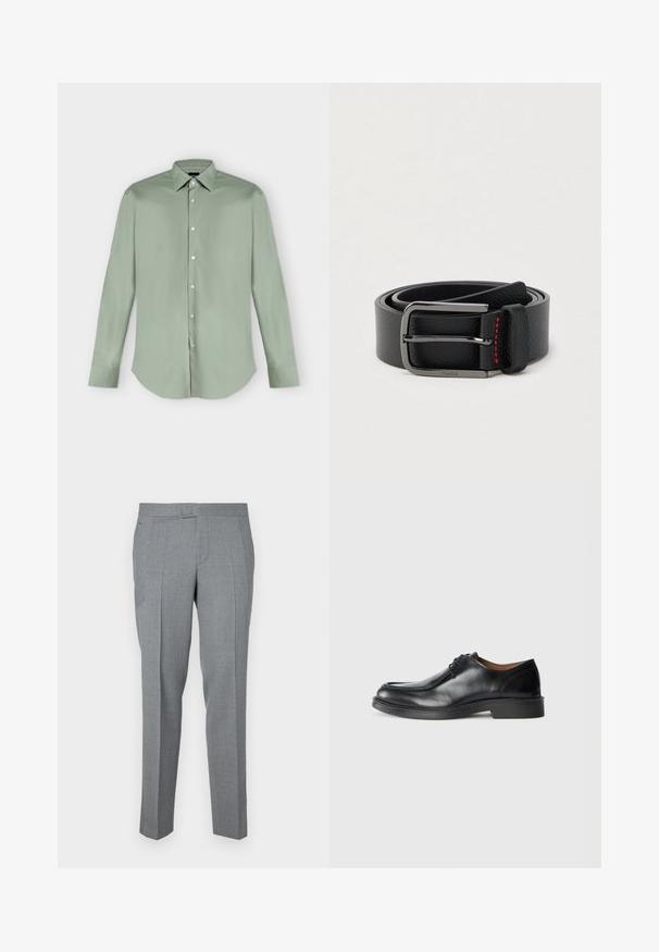 Chemise vert clair à manches longues, boutonnée, avec col pointu et ourlet arrondi, présentée à plat sur fond blanc.; Pantalons gris ajustés en tissu texturé, avec une taille plate, des passants de ceinture et deux poches latérales. Design à jambe droite.; Chaussure de ville en cuir noir avec un bout arrondi, surface lisse, détails en dentelle et une semelle en caoutchouc texturée basse. Lignes épurées et design minimal.; Ceinture en cuir noir avec une boucle argentée et des coutures rouges, enroulée sur un fond clair uni.