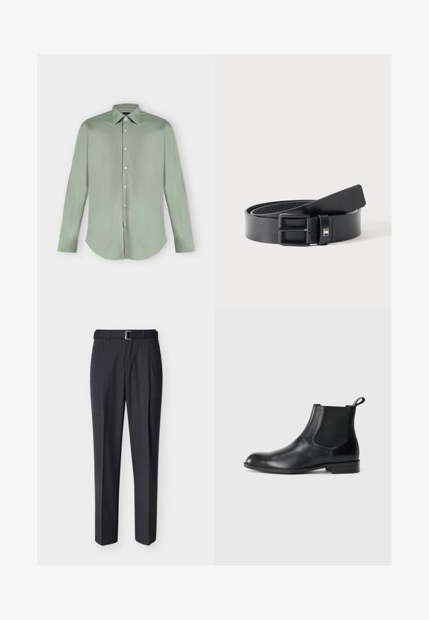 Chemise vert clair à manches longues, boutonnée, avec col pointu et ourlet arrondi, présentée à plat sur fond blanc.; Pantalon formel gris foncé à fines rayures avec passants de ceinture, ceinture noire avec boucle argentée et plis à l'avant.; Bottine en cuir noir avec des panneaux latéraux élastiques, bout rond et tirette. Texture lisse, semelle plate, design minimaliste.; Ceinture en cuir noir avec boucle métallique noire mate, légèrement enroulée avec l'extrémité de la lanière reposant sur une surface blanche.