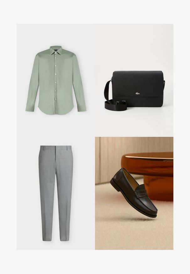 Chemise vert clair à manches longues, boutonnée, avec col pointu et ourlet arrondi, présentée à plat sur fond blanc.; Pantalon de costume gris clair sur mesure avec passants de ceinture, devant plat et coupe droite sur fond blanc.; Chaussure mocassin en cuir noir suspendue au-dessus d’un tapis beige avec du mobilier moderne couleur ambre en arrière-plan.; Sac en cuir noir à bandoulière avec une texture lisse, un rabat avant, un accent logo argenté et une bandoulière en tissu réglable.