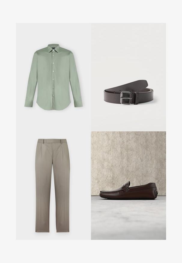 Chemise vert clair à manches longues, boutonnée, avec col pointu et ourlet arrondi, présentée à plat sur fond blanc.; Pantalon sur mesure marron clair avec passants de ceinture, plis avant et jambes droites, présenté sur fond blanc.; Mocassins en cuir marron avec une finition lisse, des coutures de style mocassin, un bout rehaussé et une semelle en caoutchouc basse et flexible.; Ceinture en cuir brun foncé roulée avec une boucle métallique carrée et des coutures visibles le long des bords.